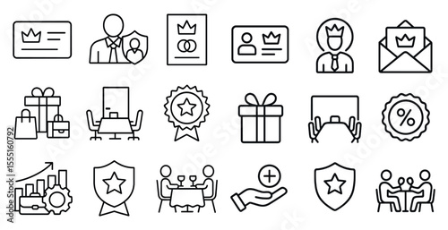 Set of icons for various business and personal situations. The icons include a man in a suit holding a card, a man in a suit holding a gift, a man in a suit holding a letter