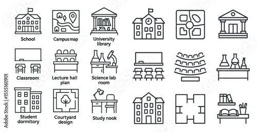 Series of icons for a school campus. The icons include a school building, a library, a classroom, a lecture hall, a science lab, and a student dormitory