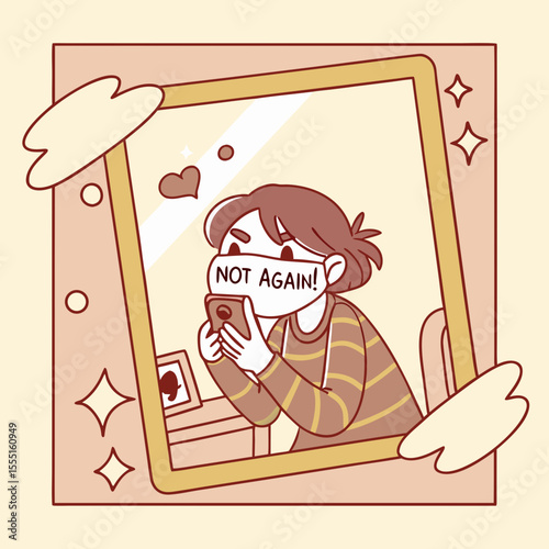 A person takes a selfie in front of a mirror wearing a humorous "Not again!" face mask, reflecting personal frustration and satire during repeated lockdowns.