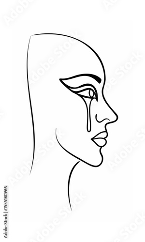 Continous line drawing of a crying face profile with a teardrop on a background sadness