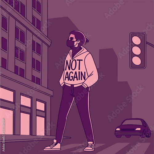A fashionable young man standing in an urban setting wearing a mask with "Not again!" written on his dress. Captures pandemic fatigue blended with modern streetwear aesthetics.