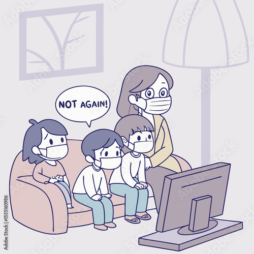 A family wearing face masks with "Not again!" text written on them, sitting together at home. Reflects the emotional toll of repeated lockdowns during COVID-19 waves. 