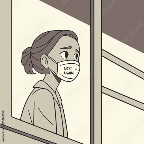 A close-up portrait of a young woman wearing a medical face mask with "Not again!" written on it. Expressing pandemic fatigue and frustration during the resurgence of COVID-19.