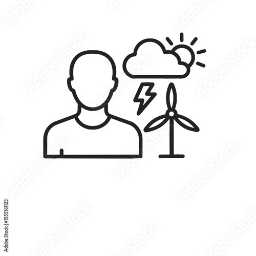 Renewable energy specialist icon with weather symbols and wind turbine