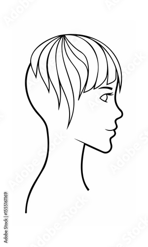 Handdrawn continous line of a woman's profile with short hair neck on girl face