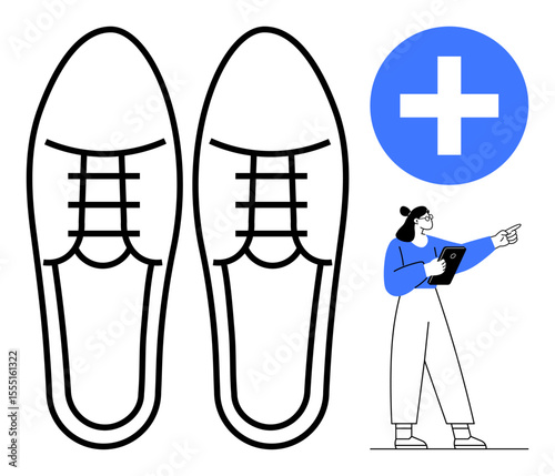 Large shoelined shoes paired with a blue medical cross and a woman holding a clipboard, pointing outward. Ideal for healthcare, podiatry, orthopedics, footwear, wellness, guidance, and a simple