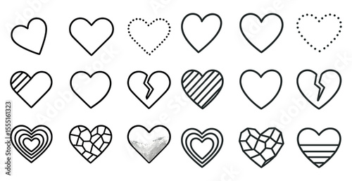 Series of hearts, some of which are broken, are displayed in a row. The broken hearts are positioned in the middle of the collection, while the whole hearts are on either side