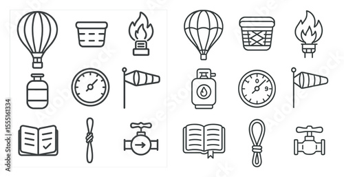 Set of icons for various objects, including a clock, a book, a gas can, and a fire