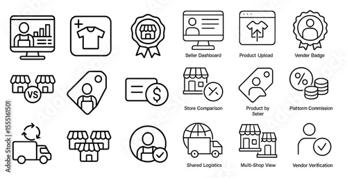 Series of icons for a store, including a man with a sign that says "Shop Comparison" and a man with a sign that says "Product by Pattern Commission."