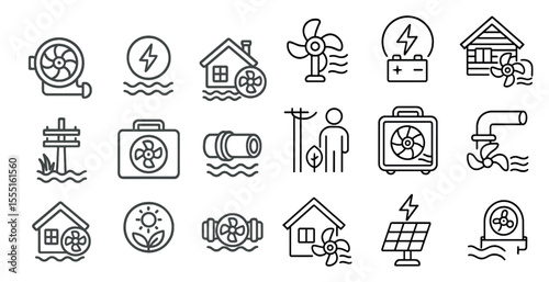 Collection of icons for various home appliances and tools. The icons include a fan, a house, a house with a fan, a house with a fan and a house with a fan and a house with a fan