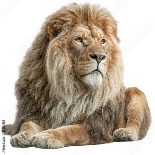 A majestic male lion with a thick tawny mane is isolated on transparent background
