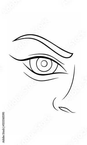 Handdrawn continous line of an eye with eyebrow part of the nose on a background