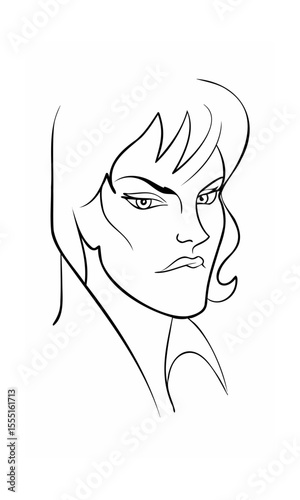 Handdrawn of a woman's face with stern expression stylized hair on background portrait
