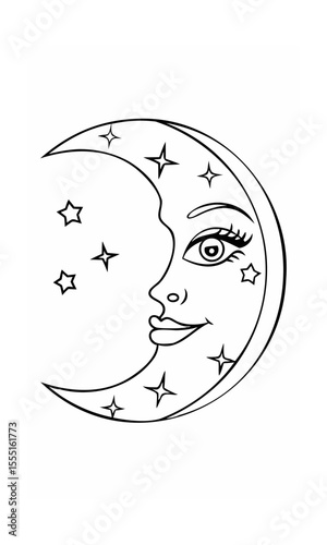 Of a crescent moon with a face stars on a background continous line celestial