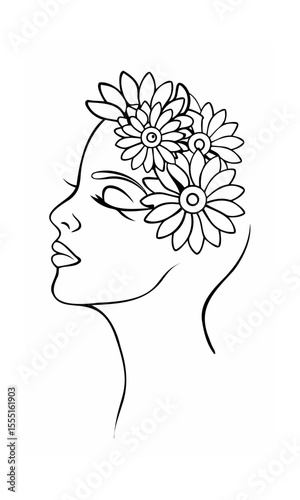 Continous line drawing of a woman's profile with daisy flowers in her hair face
