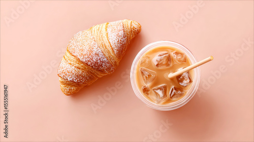 Delicious Croissant and Refreshing Iced Coffee on Soft Background