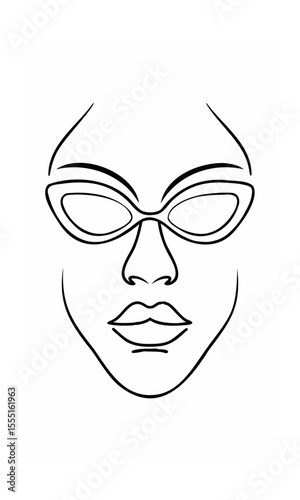 Continous line drawing of a face wearing goggles with a nose lips on a background
