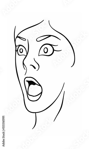 Handdrawn continous line of a surprised woman's face with open mouth wide eyes on background