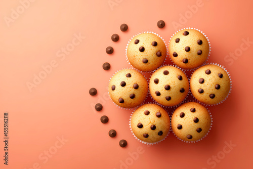Freshly Baked Muffins with Chocolate Chips on a Smooth Surface