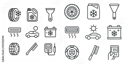 Collection of car-related icons, such as a tire, a car, and a car battery. These icons are used to represent various aspects of car maintenance and repair