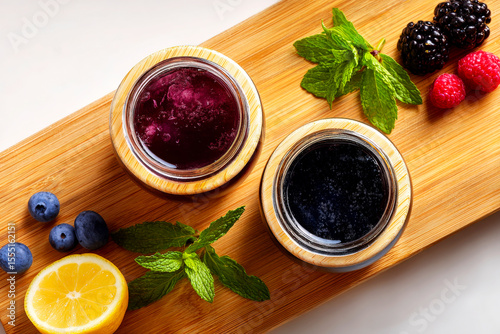 Fresh Berry Jam and Citrus Ingredients on Wooden Board Display