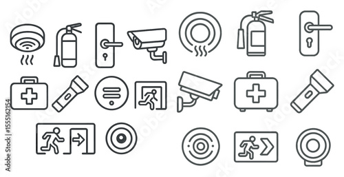 Collection of icons for various safety and security devices. The icons include a fire extinguisher, a fire alarm, a security camera, a first aid kit, and a flashlight. Scene is one of preparedness