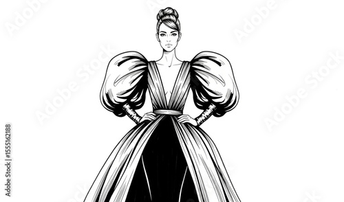 Elegant Woman in Ball Gown with Exaggerated Sleeves | Fashion Illustration for Couture Design, Editorial Art, and Costume Concepts