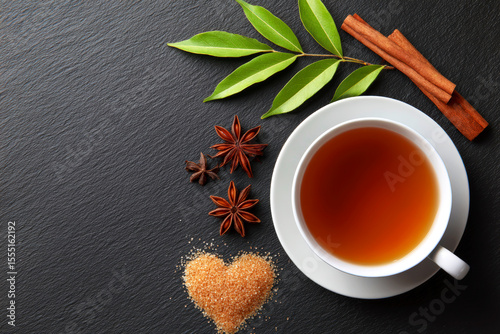 Relaxing Herbal Tea with Spices and Sweetener on Slate Surface