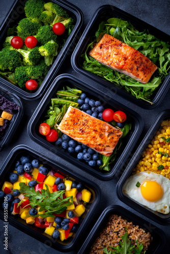 Colorful Healthy Meal Prep Boxes with Salmon, Vegetables, and Fruits