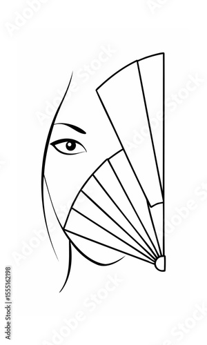Handdrawn of a woman's face partially covered by a fan on a background vector