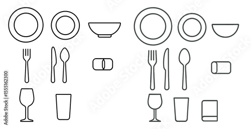 Two sets of dinnerware are shown, one with a fork, knife, and spoon, and the other with a fork, knife, and cup