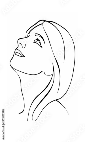 Continous line drawing of a woman's face looking upwards with flowing hair on background