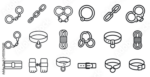 Set of handcuffs and other restraints are shown in a black and white drawing. The handcuffs are in various positions, some are hanging down and others are being used