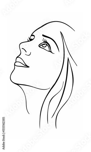 Continous line drawing of a woman's face looking upwards with flowing hair on background 1