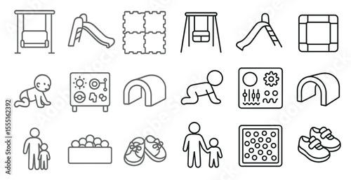 Series of icons for a children's playground. The icons include a swing, a slide, a sandbox, and a playhouse