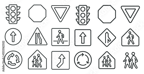 Collection of traffic signs and symbols. The signs are all in black and white. Scene is serious and informative