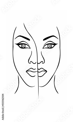 Continous line drawing of a woman's face split in half with eyes nose lips female