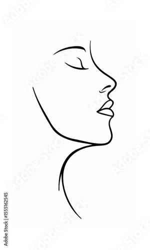 Continous line drawing of a woman's face in profile with closed eyes a curved neck on background