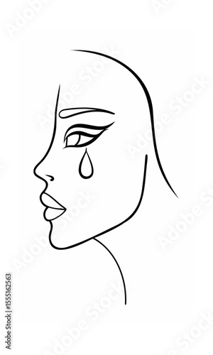 Continous line drawing of a woman's profile with a tear falling from her eye on background