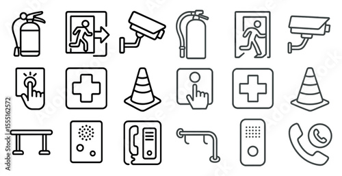 Collection of icons for emergency services and safety. The icons include a fire extinguisher, a fire hydrant, a stop sign, a crosswalk sign, a police car, a fire truck, a security camera