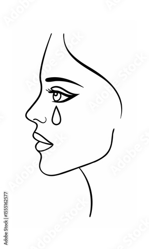 Continous line drawing of a woman's profile with a tear on a background face crying