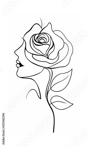 Continous line drawing of a woman's profile with a rose flower head on background