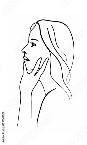 Handdrawn continous line of a woman's face hand touching her chin on a background