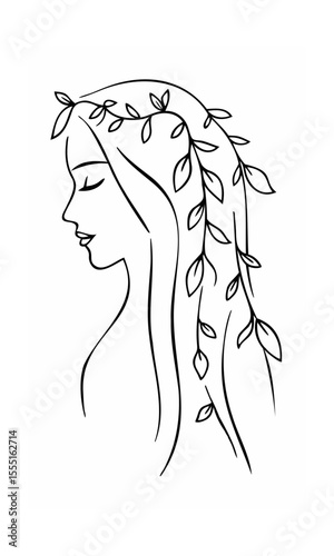 Continous line drawing of a woman with leaves in her hair closed eyes on background