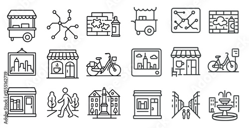 Series of icons depicting various city scenes, including a bicycle, a building, and a fountain