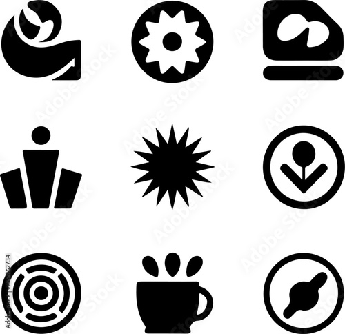 Nine black and white graphic icons arranged in a three by three grid showing various abstract shapes and symbols