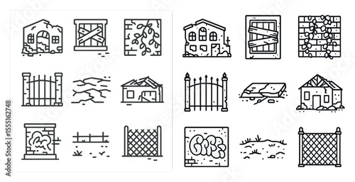 The image is a collection of different house and fence designs. Scene is somewhat bleak and abandoned, with some of the houses and fences appearing to be in disrepair