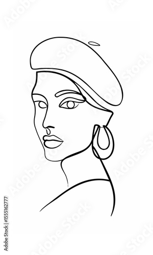 Continous line drawing of a woman wearing a beret hoop earring on a background face
