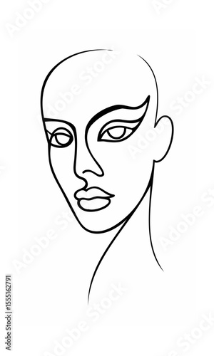 Continous line drawing of a woman's face with stylized eyes nose lips on background