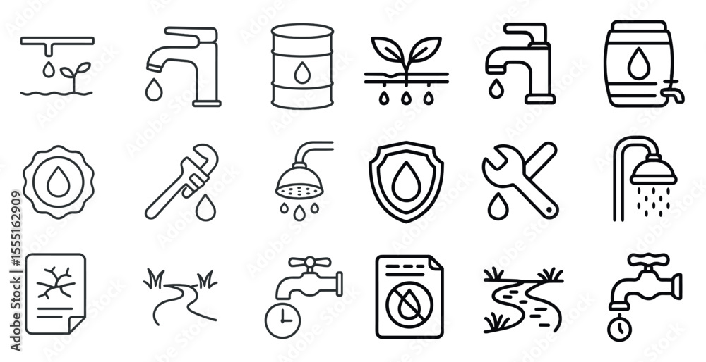 Naklejka premium Set of water-related icons, including a faucet, a shower, a hose, and a water bottle